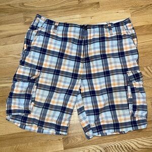 Nautica Jeans Co Plaid Cargo Shorts Size 40 Blue Orange and White
